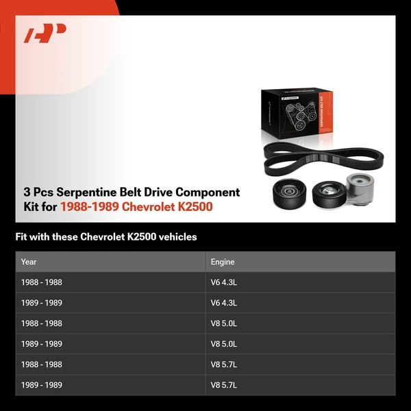3 Pcs Serpentine Belt Drive Component Kit for 1988-1989 Chevrolet K2500