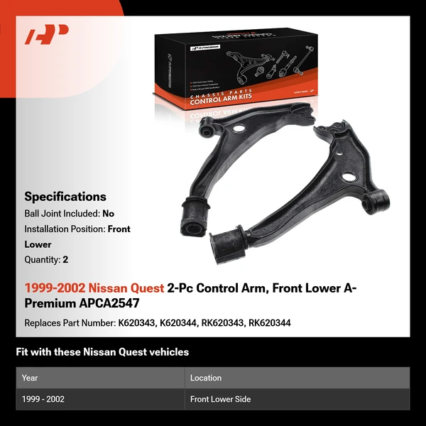 1999-2002 Nissan Quest 2-Pc Control Arm, Front Lower A-Premium APCA2547