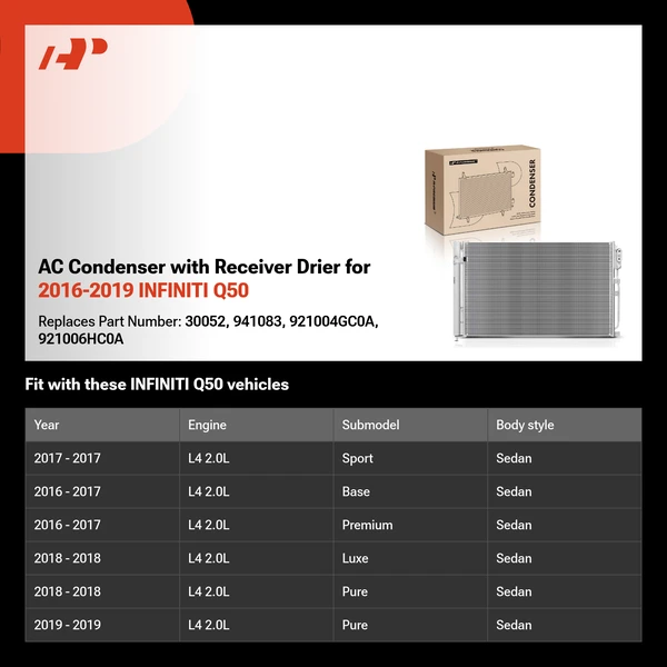 AC Condenser with Receiver Drier for 2016-2019 INFINITI Q50