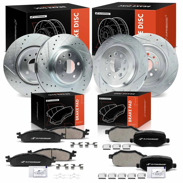 2009-2019 Ford Flex Drilled & Slotted Disc Brake Rotors and Ceramic Pads Kit, 12 Pcs, Front & Rear, A-Premium, APBRPS469