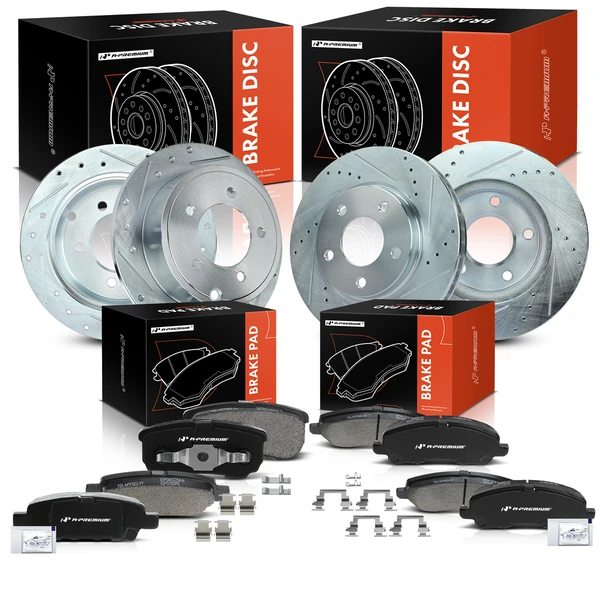 2007-2012 Dodge Caliber Drilled & Slotted Disc Brake Rotors and Ceramic Pads Kit, 12 Pcs, Front & Rear, A-Premium, APBRPS476
