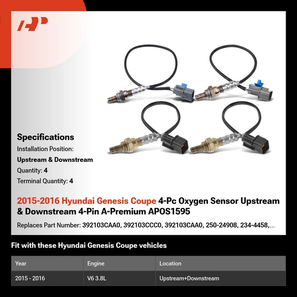 2015-2016 Hyundai Genesis Coupe 4-Pc Oxygen Sensor Upstream & Downstream 4-Pin A-Premium APOS1595