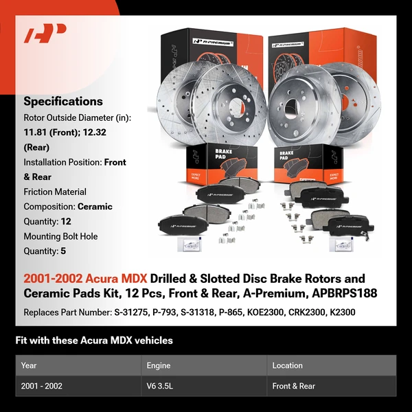 2001-2002 Acura MDX Drilled & Slotted Disc Brake Rotors and Ceramic Pads Kit, 12 Pcs, Front & Rear, A-Premium, APBRPS188