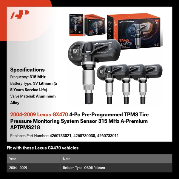 2004-2009 Lexus GX470 4-Pc Pre-Programmed TPMS Tire Pressure Monitoring System Sensor 315 MHz A-Premium APTPMS218