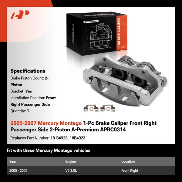 2005-2007 Mercury Montego 1-Pc Brake Caliper Front Right Passenger Side 2-Piston A-Premium APBC0314