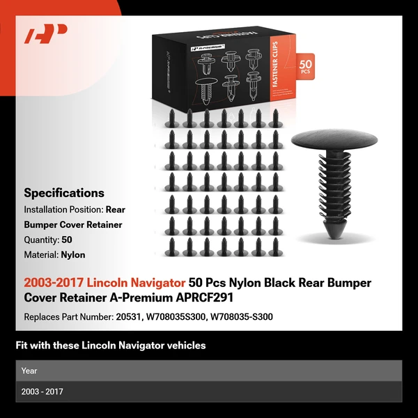 2003-2017 Lincoln Navigator 50 Pcs Nylon Black Rear Bumper Cover Retainer A-Premium APRCF291