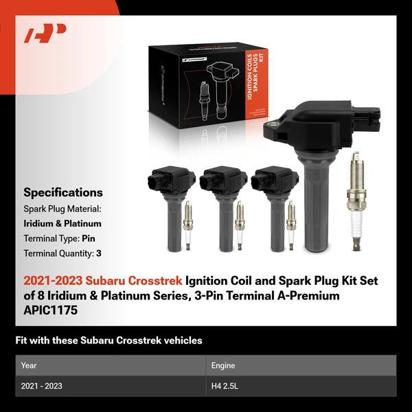 2021-2023 Subaru Crosstrek Ignition Coil and Spark Plug Kit Set of 8 Iridium & Platinum Series, 3-Pin Terminal A-Premium APIC1175