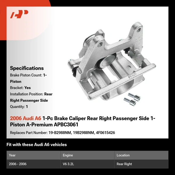 2006 Audi A6 1-Pc Brake Caliper Rear Right Passenger Side 1-Piston A-Premium APBC3061