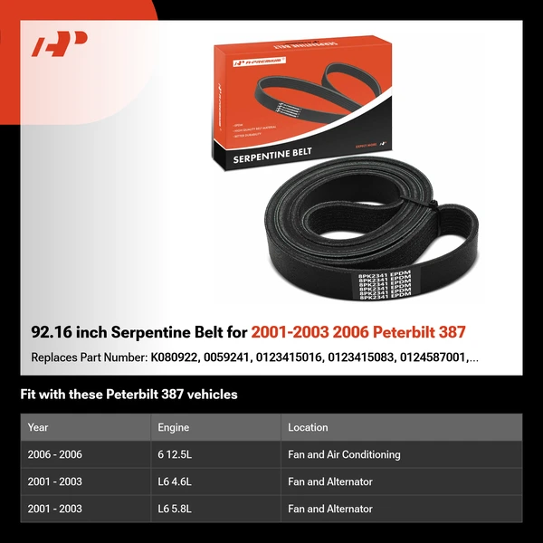 92.16 inch Serpentine Belt for 2001-2003 2006 Peterbilt 387
