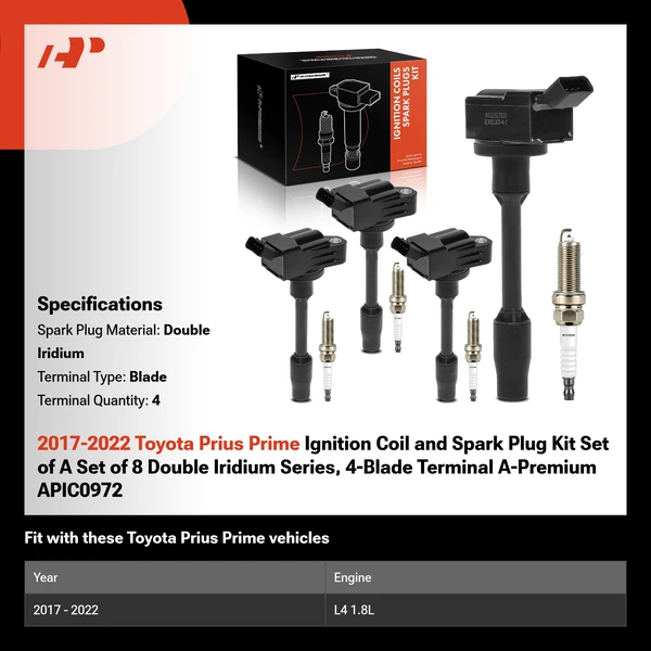 2017-2022 Toyota Prius Prime Ignition Coil and Spark Plug Kit Set of A Set of 8 Double Iridium Series, 4-Blade Terminal A-Premium APIC0972