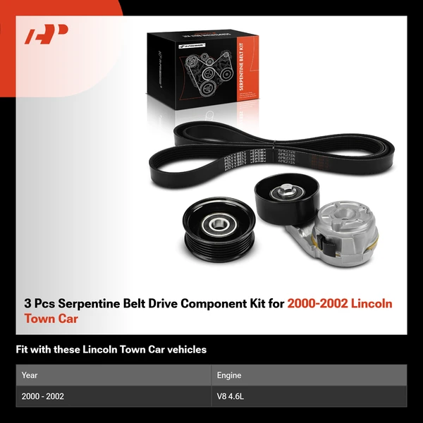 3 Pcs Serpentine Belt Drive Component Kit for 2000-2002 Lincoln Town Car
