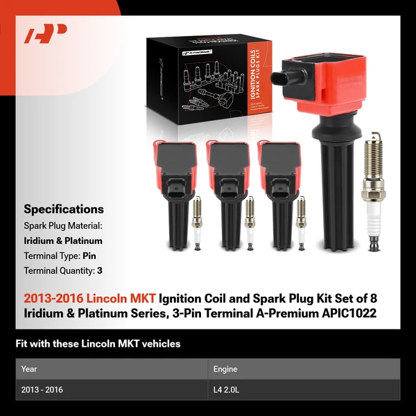 2013-2016 Lincoln MKT Ignition Coil and Spark Plug Kit Set of 8 Iridium & Platinum Series, 3-Pin Terminal A-Premium APIC1022