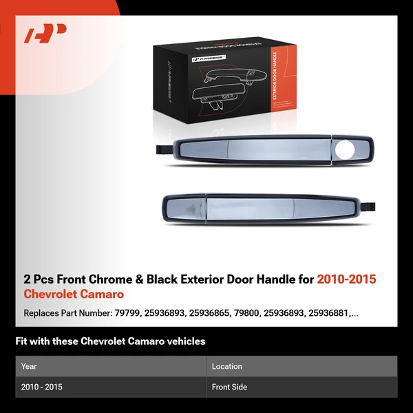 2 Pcs Front Chrome & Black Exterior Door Handle for 2010-2015 Chevrolet Camaro