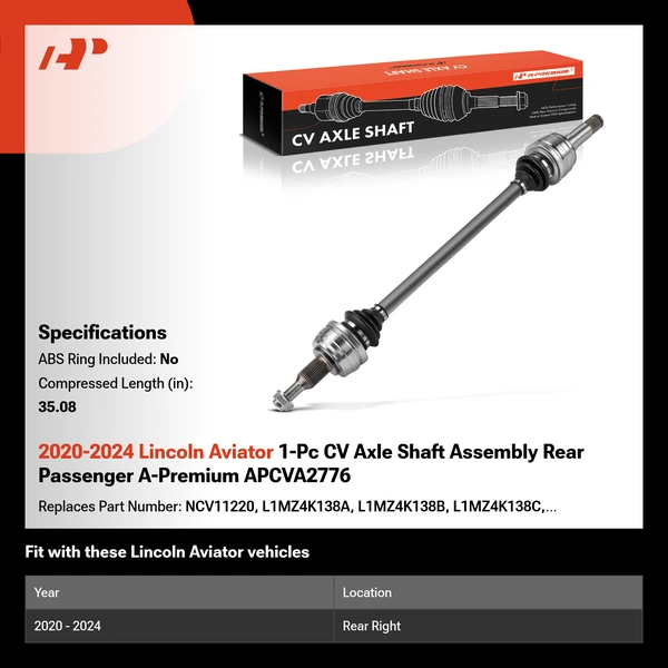 2020-2024 Lincoln Aviator 1-Pc CV Axle Shaft Assembly Rear Passenger A-Premium APCVA2776