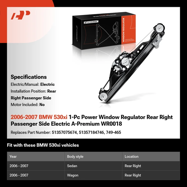 2006-2007 BMW 530xi 1-Pc Power Window Regulator Rear Right Passenger Side Electric A-Premium WR0018