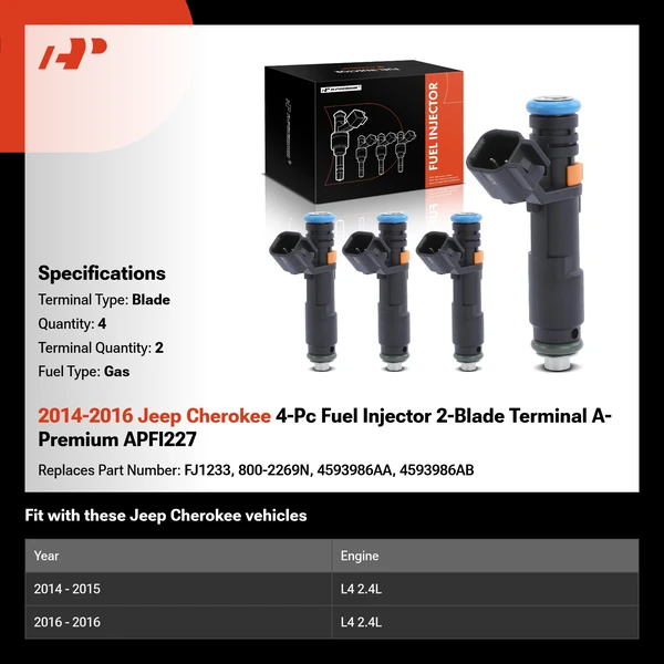 2014-2016 Jeep Cherokee 4-Pc Fuel Injector 2-Blade Terminal A-Premium APFI227