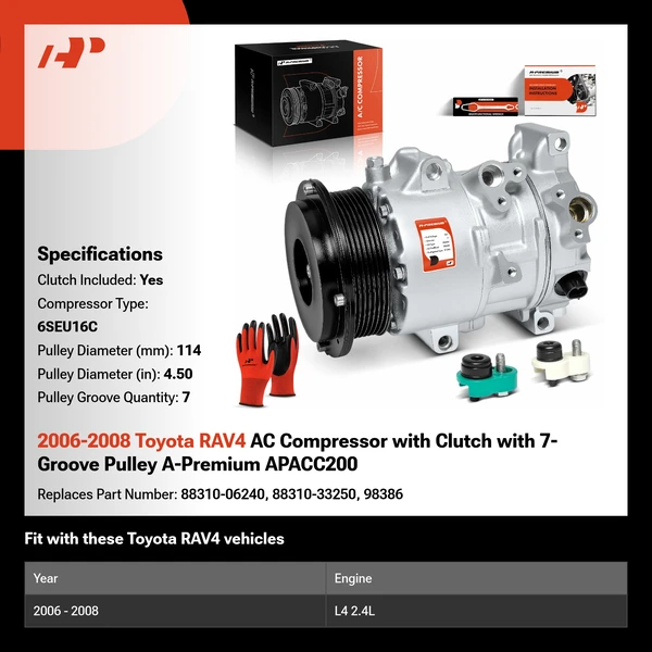2006-2008 Toyota RAV4 AC Compressor with Clutch with 7-Groove Pulley A-Premium APACC200