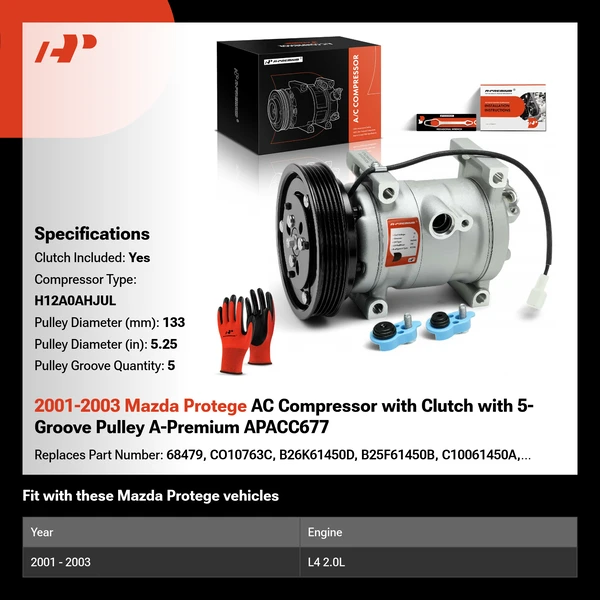2001-2003 Mazda Protege AC Compressor with Clutch with 5-Groove Pulley A-Premium APACC677
