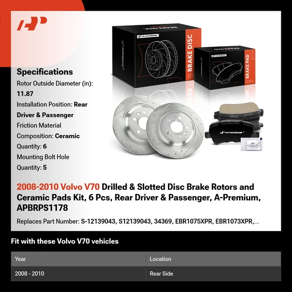 2008-2010 Volvo V70 Drilled & Slotted Disc Brake Rotors and Ceramic Pads Kit, 6 Pcs, Rear Driver & Passenger, A-Premium, APBRPS1178
