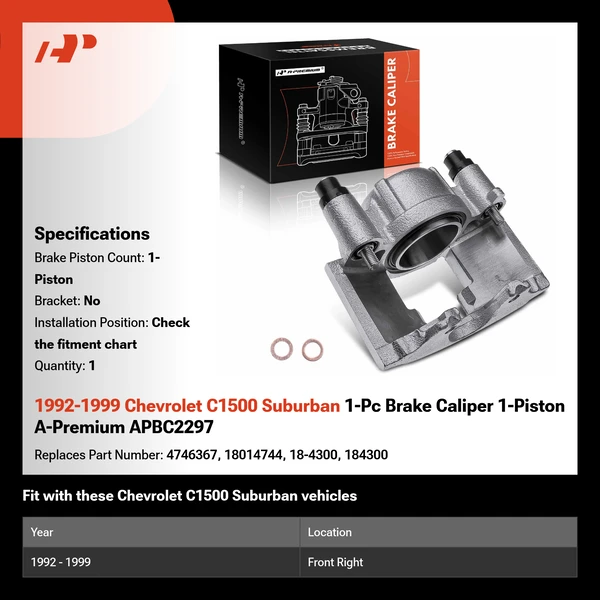1992-1999 Chevrolet C1500 Suburban 1-Pc Brake Caliper 1-Piston A-Premium APBC2297