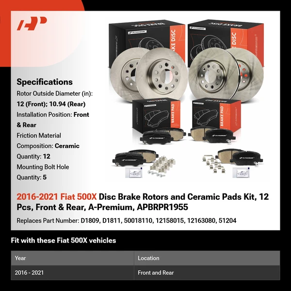 2016-2021 Fiat 500X Disc Brake Rotors and Ceramic Pads Kit, 12 Pcs, Front & Rear, A-Premium, APBRPR1955