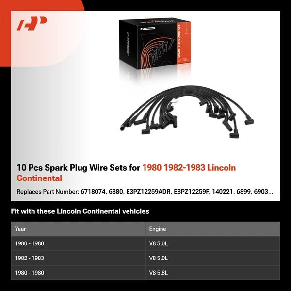 10 Pcs Spark Plug Wire Sets for 1980 1982-1983 Lincoln Continental