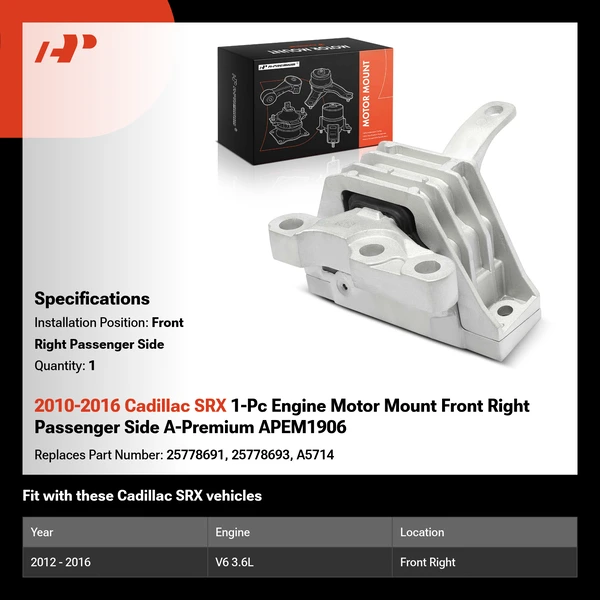 2010-2016 Cadillac SRX 1-Pc Engine Motor Mount Front Right Passenger Side A-Premium APEM1906