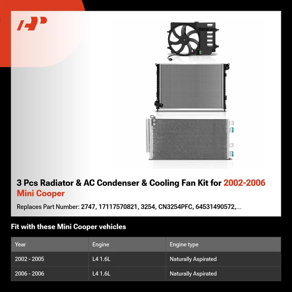 3 Pcs Radiator & AC Condenser & Cooling Fan Kit for 2002-2006 Mini Cooper