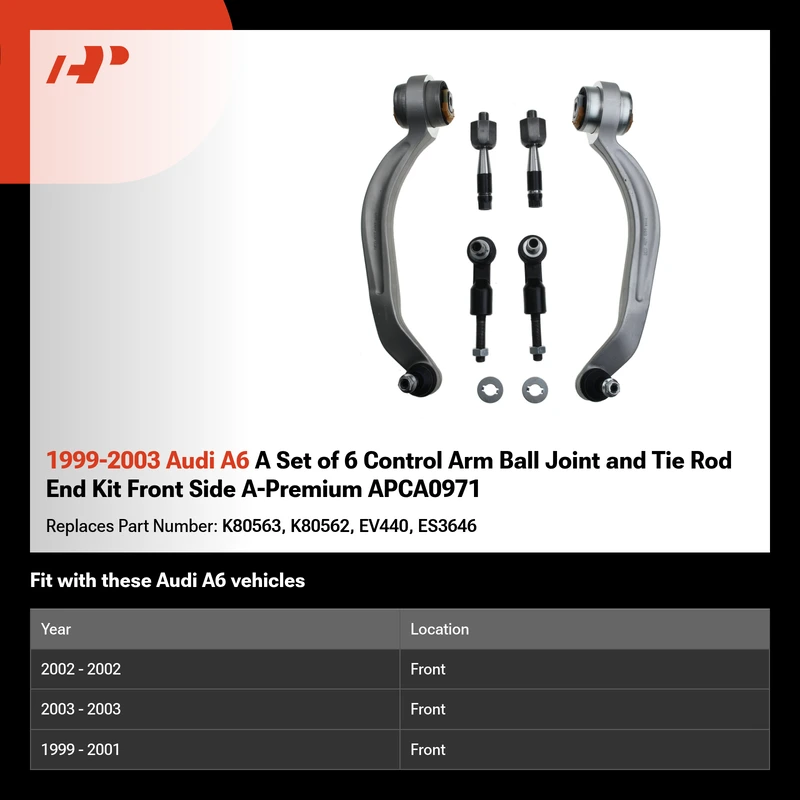 1999-2003 Audi A6 A Set of 6 Control Arm Ball Joint and Tie Rod End Kit Front Side A-Premium APCA0971