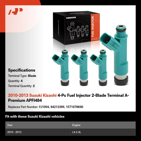 2010-2013 Suzuki Kizashi 4-Pc Fuel Injector 2-Blade Terminal A-Premium APFI484
