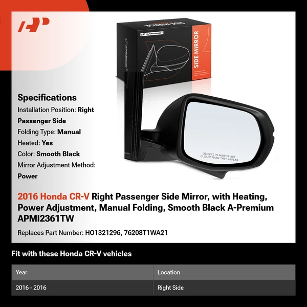 2016 Honda CR-V Right Passenger Side Mirror, with Heating, Power Adjustment, Manual Folding, Smooth Black A-Premium APMI2361TW