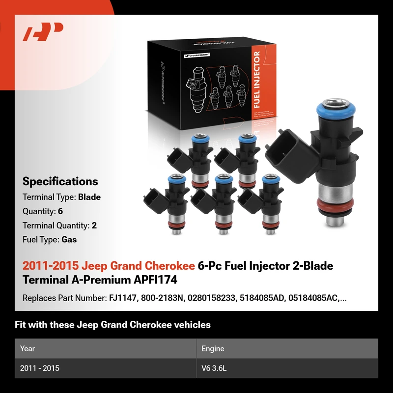2011-2015 Jeep Grand Cherokee 6-Pc Fuel Injector 2-Blade Terminal A-Premium APFI174