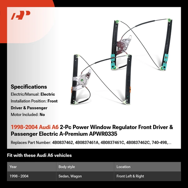 1998-2004 Audi A6 2-Pc Power Window Regulator Front Driver & Passenger Electric A-Premium APWR0335