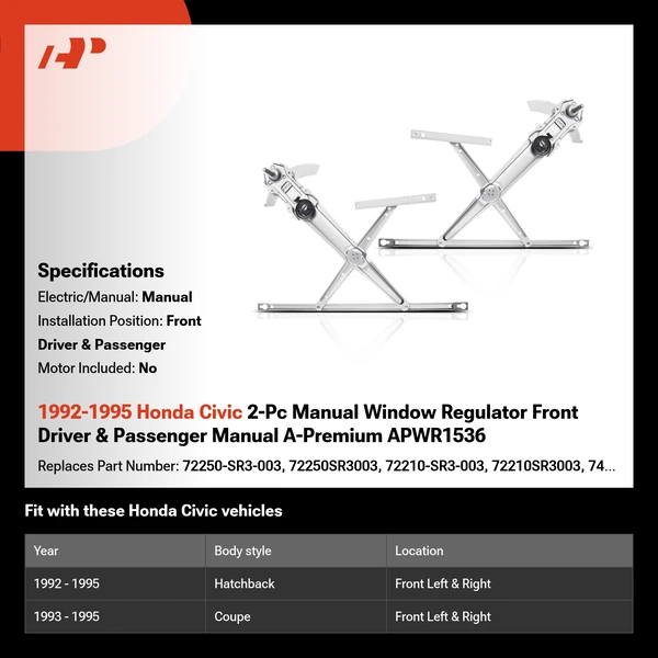 1992-1995 Honda Civic 2-Pc Manual Window Regulator Front Driver & Passenger Manual A-Premium APWR1536