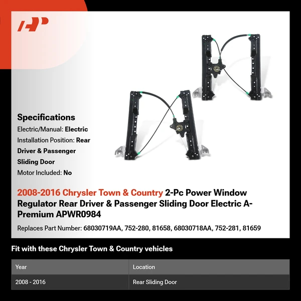 2008-2016 Chrysler Town & Country 2-Pc Power Window Regulator Rear Driver & Passenger Sliding Door Electric A-Premium APWR0984