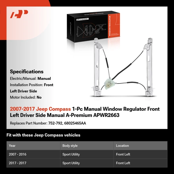 2007-2017 Jeep Compass 1-Pc Manual Window Regulator Front Left Driver Side Manual A-Premium APWR2663