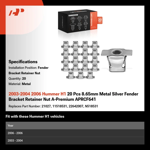 2003-2004 2006 Hummer H1 20 Pcs 8.65mm Metal Silver Fender Bracket Retainer Nut A-Premium APRCF641
