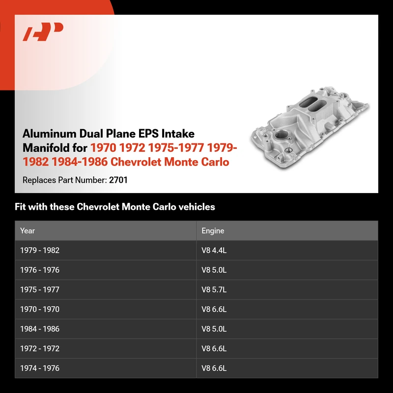 Aluminum Dual Plane EPS Intake Manifold for 1970 1972 1975-1977 1979-1982 1984-1986 Chevrolet Monte Carlo