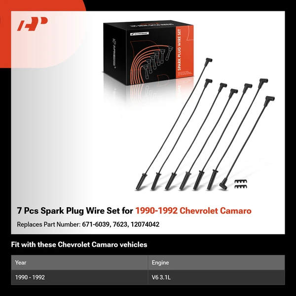 7 Pcs Spark Plug Wire Set for 1990-1992 Chevrolet Camaro