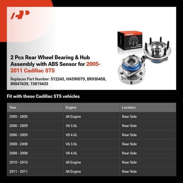 2 Pcs Rear Wheel Bearing & Hub Assembly with ABS Sensor for 2005-2011 Cadillac STS