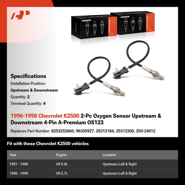 1996-1998 Chevrolet K2500 2-Pc Oxygen Sensor Upstream & Downstream 4-Pin A-Premium OS123