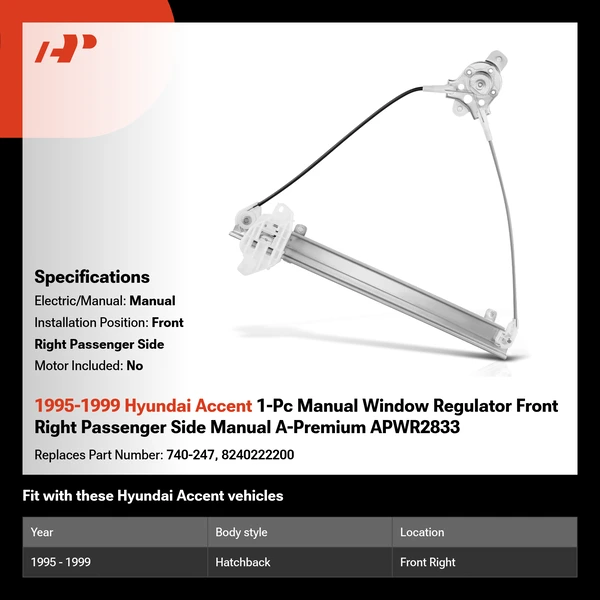 1995-1999 Hyundai Accent 1-Pc Manual Window Regulator Front Right Passenger Side Manual A-Premium APWR2833