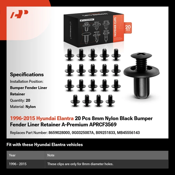 1996-2015 Hyundai Elantra 20 Pcs 8mm Nylon Black Bumper Fender Liner Retainer A-Premium APRCF3569