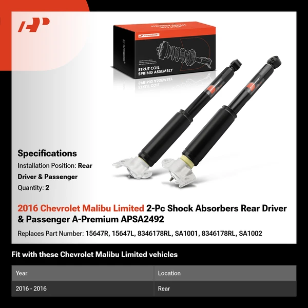 2016 Chevrolet Malibu Limited 2-Pc Shock Absorbers Rear Driver & Passenger A-Premium APSA2492