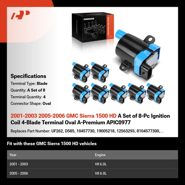 2001-2003 2005-2006 GMC Sierra 1500 HD A Set of 8-Pc Ignition Coil 4-Blade Terminal Oval A-Premium APIC0977