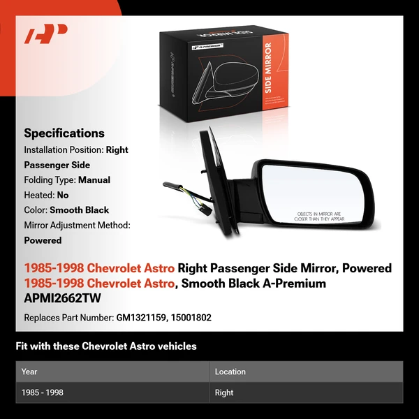 1985-1998 Chevrolet Astro Right Passenger Side Mirror, Powered 1985-1998 Chevrolet Astro, Smooth Black A-Premium APMI2662TW