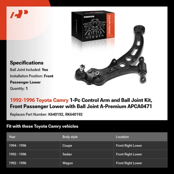 1992-1996 Toyota Camry 1-Pc Control Arm and Ball Joint Kit, Front Passenger Lower with Ball Joint A-Premium APCA0471