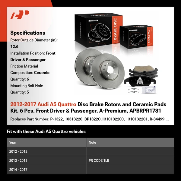 2012-2017 Audi A5 Quattro Disc Brake Rotors and Ceramic Pads Kit, 6 Pcs, Front Driver & Passenger, A-Premium, APBRPR1731