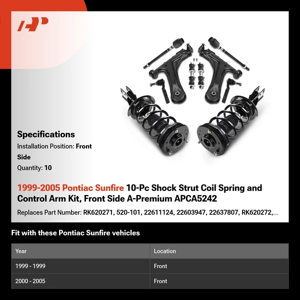 1999-2005 Pontiac Sunfire 10-Pc Shock Strut Coil Spring and Control Arm Kit, Front Side A-Premium APCA5242