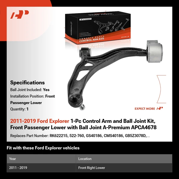 2011-2019 Ford Explorer 1-Pc Control Arm and Ball Joint Kit, Front Passenger Lower with Ball Joint A-Premium APCA4678
